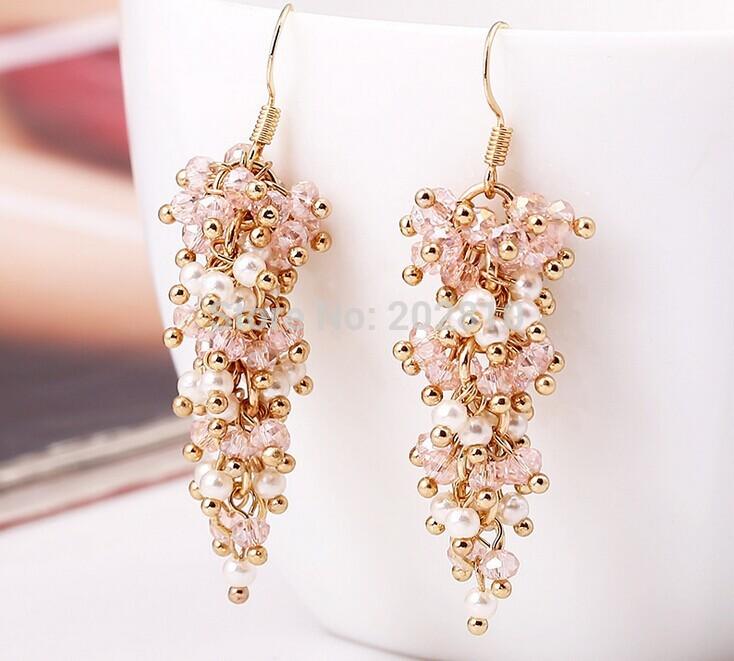 

2020 new type trendy women /girls pearl earring & gold-color pink crystal white pearl long dangle drop earrings fine quality