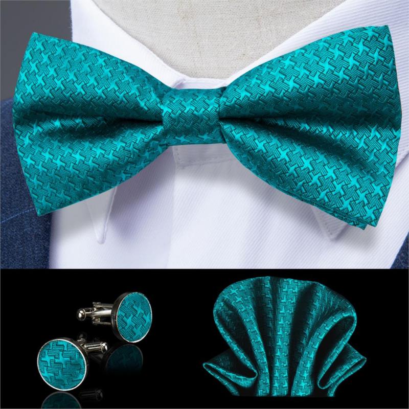 

Teal Blue Solid Butterfly Silk Self Bowtie For Men Wedding Bowtie Hanky Cufflinks Set Neckwear Men Tie DiBanGu Designer JM-103