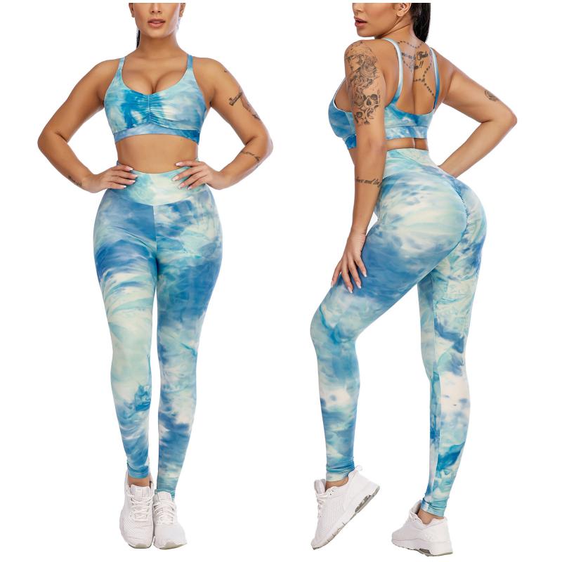 

Yoga Sets For Women Tracksuit Patchwork Tie-dyed Print High Waist Stretch Strethcy Fitness Leggings Yoga Pant Set Sportswear @40, Blue