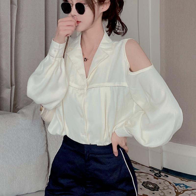 

Women's Blouses & Shirts 2022 Autumn Fashion Design Shirt Long-sleeve Blouse Women Off-shoulder Solid Loose Button Up Tops Clothes 16918, White