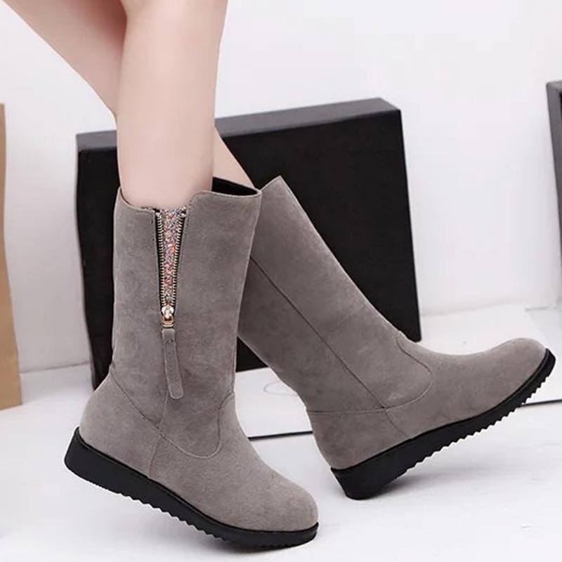 

Leisure platform boots Women's Fashion Zipper Wedges Med Heels Short Rubber Flock Booties, Black