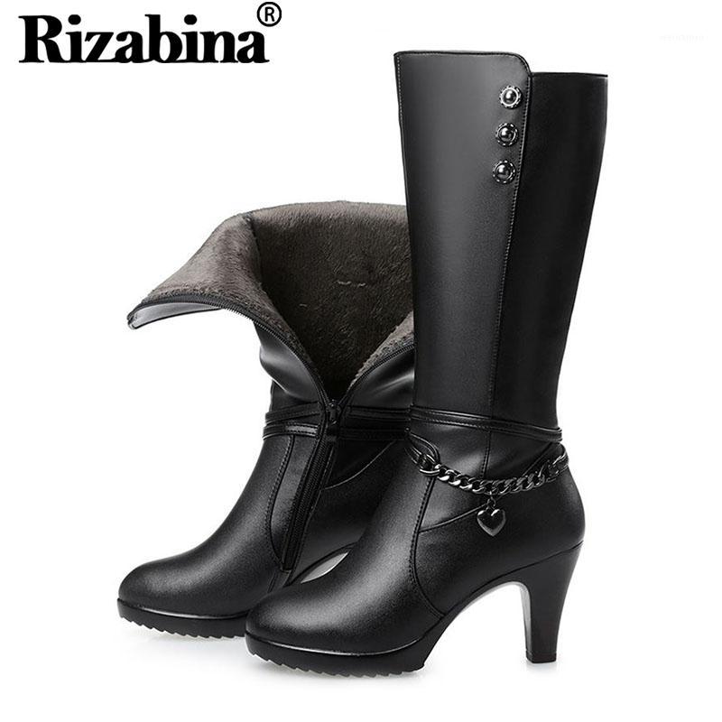 

RIZABINA Genuine Leather Women Knee High Boots Side Zipper High Heels Shoes Winter Warm Plush Boots Women Footwear Size 35-401, Black plush