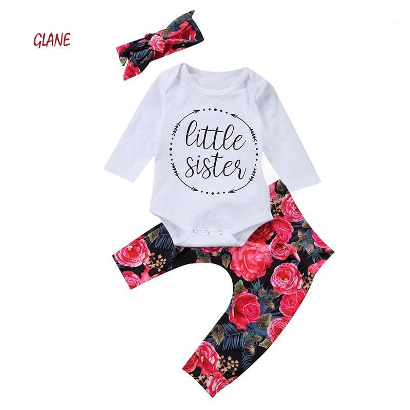 

0-18Months little sister printed Long Sleeve Bodysuits+flower pants+headband 3pcs clothing set for new born infant baby girls1, As pic