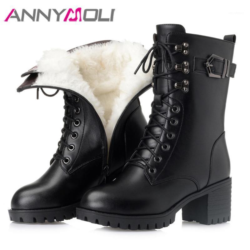 

ANNYMOLI Real Leather Natural Wool Fur High Heel Mid Calf Boots Women Shoes Zip Buckle Lace Up Ladies Motorcycle Boots Winter 431, Black synthetic lin
