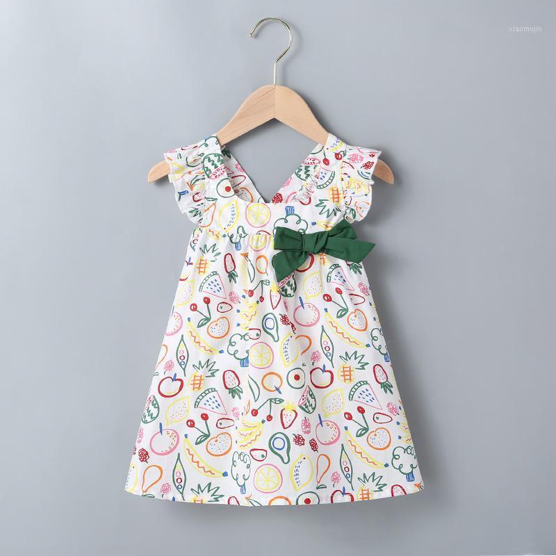 

Summer 2021 Girls Dress Girls Summer Cute Dress Sleeveless Print Fruit Green Bow Color Contrast Cute Vestidos 0-24M1, White