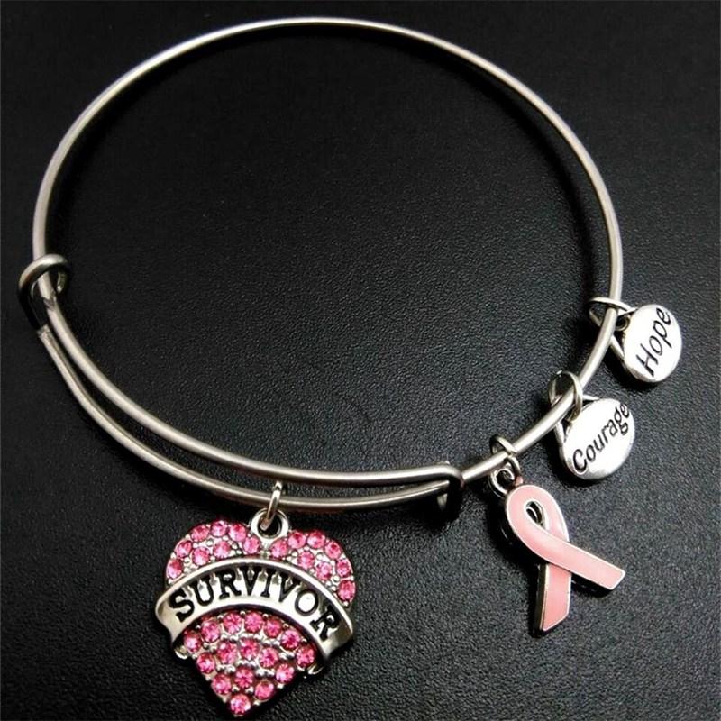 

Pink Ribbon Breast Cancer Awareness Survivor Charm Wire Stainless Steel Bracelet Bangle Courage Hope Gift for Women