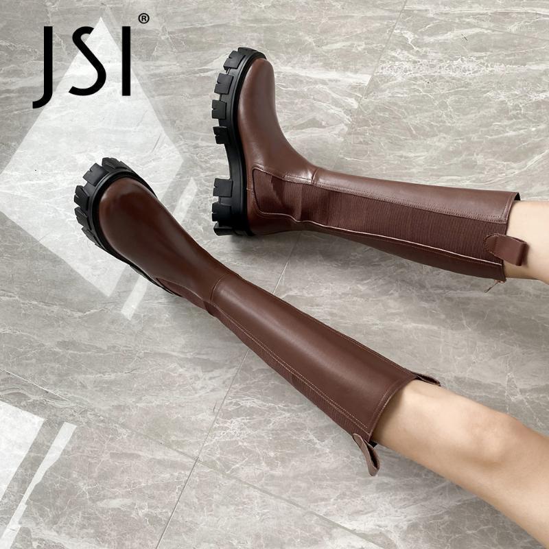 

JSI Winter Brown Knee-high Boots Woman Genuien Letaher Round Toe Wave-shape Outsole Wearable Patchwork Elastic Band Boots JO7821, Black