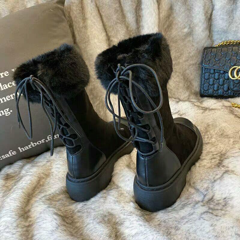 

Winter Snow Boots Genuine Leather Ankle Spring Flat Shoes Woman Short Brown Botas with Fur 2021 for Women Lace Up Boots, Black
