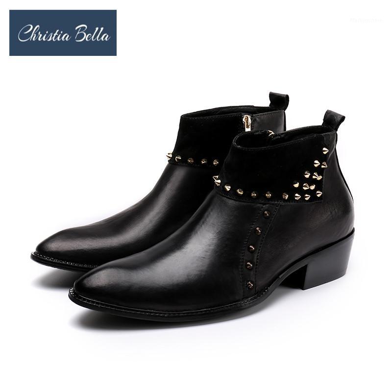 

Christia Bella Business Foraml Dress Man Boots Zip Ankle Boots Party Real Leather Pointed Toe Rivet Male Shoes1, Black