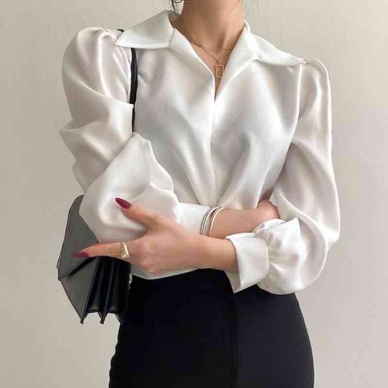 

Chic Shirt Woman Spring Korean Minimalist Design Tie Waist Short Puff Sleeve Turn Down Collar Versatile Blouse, White