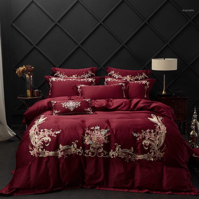 

4/7Pcs red Egyptian cotton bedding set queen king bed set Chinese embroidery duvet cover bed sheet pillowcase for wedding1, As pic