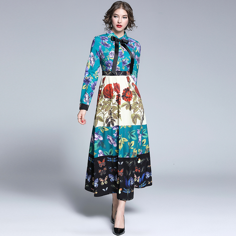 

2021 New Runway Ribbon Bow Spring Autumn Women Long Sleeve Elegant Retro Flower Butterfly Printed Maxi C6lw OKOB, As picture