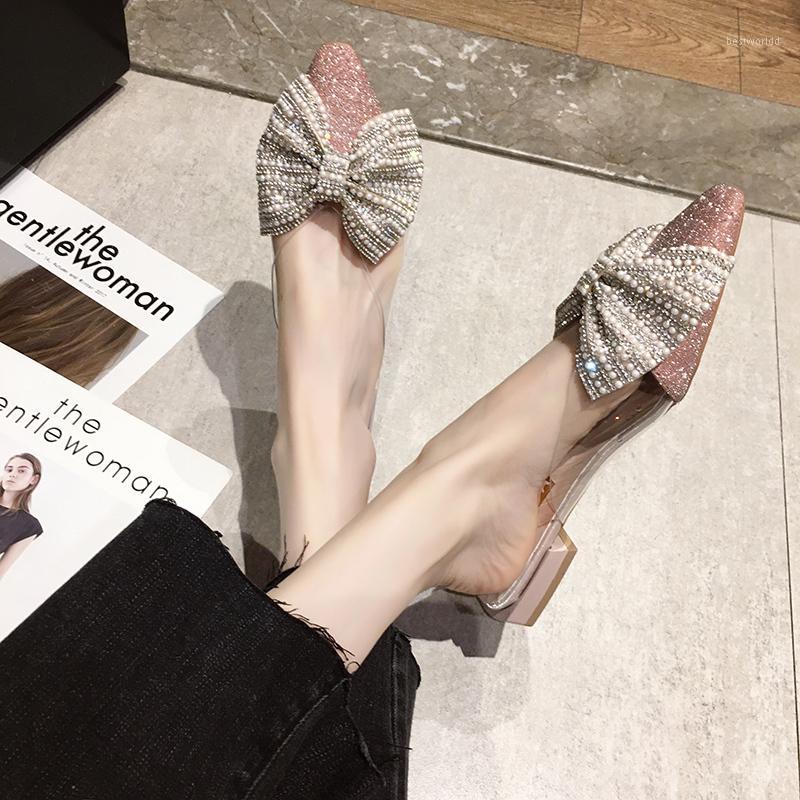 

2020 Summer Women Slippers Pearl Slip on Flat Shoes Pointed Toe Bling Shoes Cute Bow Slipper Rhinestone Ladies 8063G1, Gray