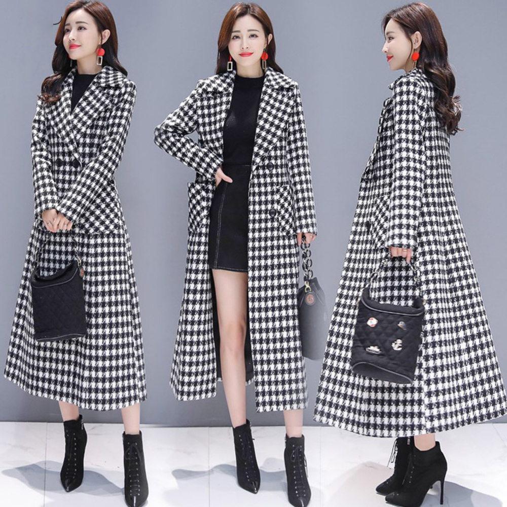 

Woolen Coat Female Houndstooth Plus Size 2020 Autumn Winter New Korean Slim Thickened Below The Knee Lattice Women Jacket 51M