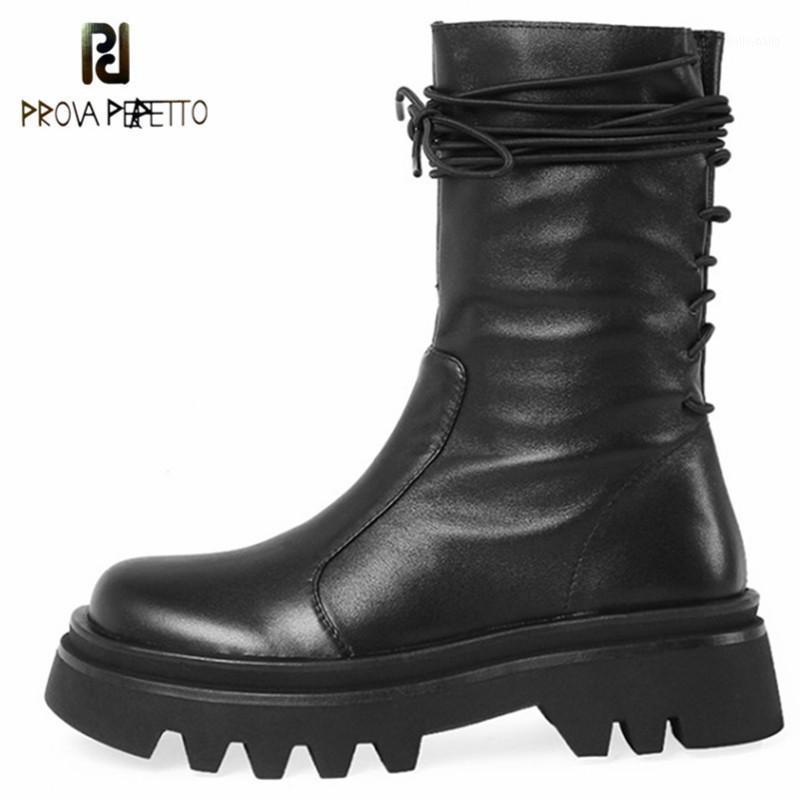 

Prova Perfetto Soft Platform Boots Fashion Cross-tied Zipper-Sid Shoes For Women Comfortable Round Toe And Genuine Leather Boots1, Black