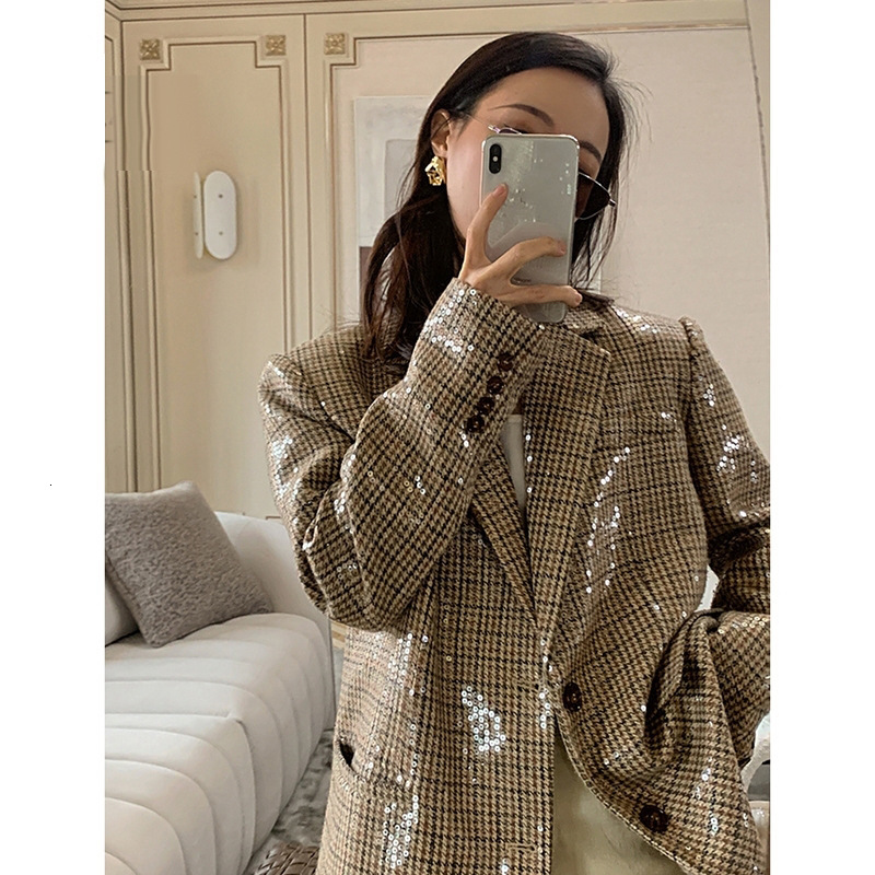 

2021 Autumn New Chess Blazer Woman Suit Street Clothes Wear Vintage Kpop 53p2, Picture color