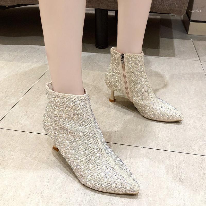 

Rimocy Pearl Sequins Elegant Women's Boots Winter Warm Short Plush Fashion Pointed Toe Thin Heel Ankle Boots Shoes Woman 20211, Black