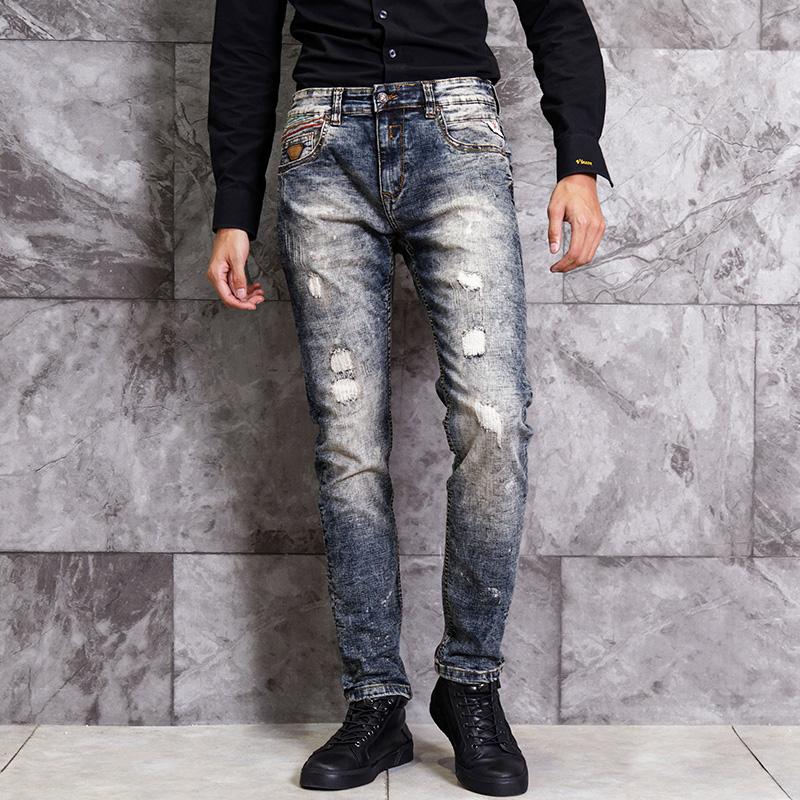 

Fashion Streetwear Men Jeans Elastic Slim Fit Destroyed Ripped Jeans Autumn Newly Retro Wash High Quality Vintage Designer Pants, Retro color
