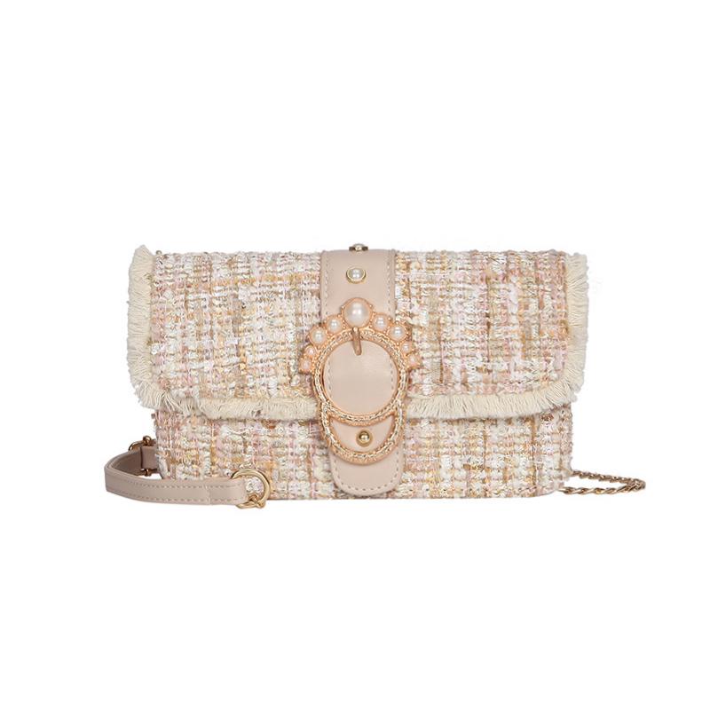 

Fashion Women New Knit Flap Shoulder Bag INS Popular Casual Female Tassel Weave Handbag Mini Lady Pearl Chain Crossbody SS3458, Khaki