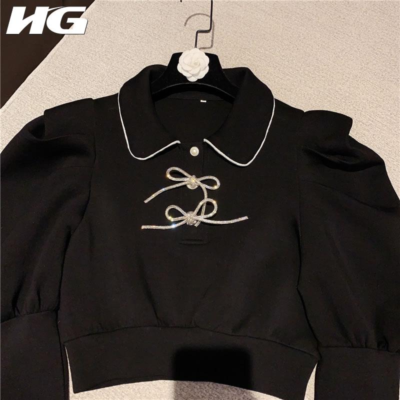 

HG Patchwork Diamond Solid Shirt Women 2021 Spring Casual Fashion New Style Temperament All Match Puff Sleeve Blouse DZL2575, Black dzl2575