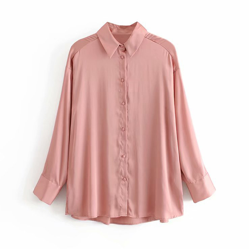 

2021 New Long Female Sweater Collar Turned Down Office Ladies Shirt Loose Color Pure Satin Shirts 2JVW, Pink