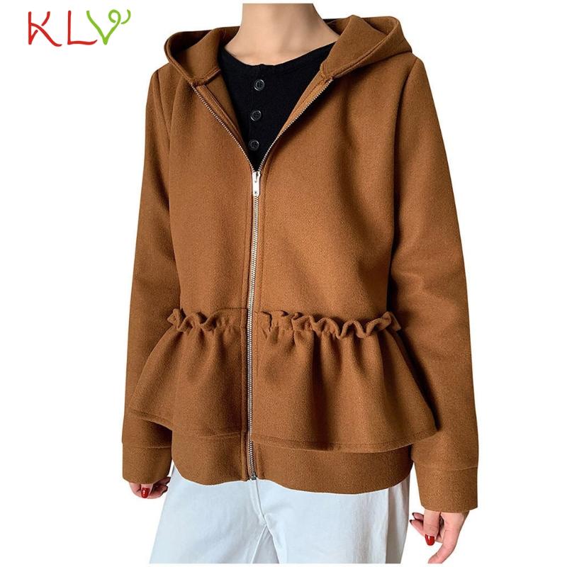 

Jacket Women Ruffles Hem Hoodie Zipper Winter Coat Pleated Fashion Solid Casual Outwear Clothes Plus Size Chaqueta Mujer 19Oct, Black