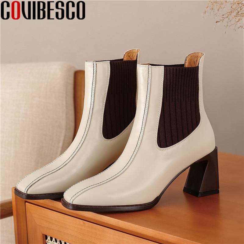 

COVIBESCO Concise Vintage Genuine Leather Women's Ankle Boots Square Toe Thick Heels Pumps Winter Office Lady Casual Shoes Woman, Black