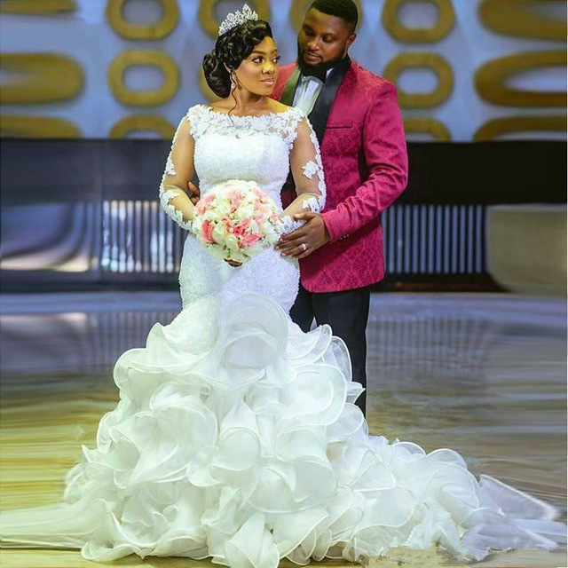 

2020 Elegant Lace Long Sleeves Mermaid African Wedding Dress with Ruffles Train South Africa Plus Size Nigeria Wedding Gowns, White