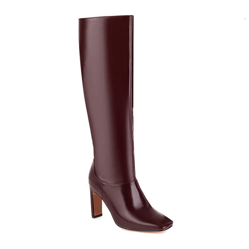 

2021 New Knee High-fashion Toe High Heels Shoes Winter Ladies Solid Women's Yellow Boots MSAO, Red wine