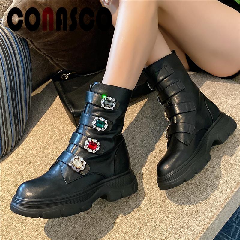 

CONASCO Motorcycle Boots Mid-Calf Boots For Women Autumn Winter Shoes Woman New Rhinestone Platform Genuine Leather, Blackd