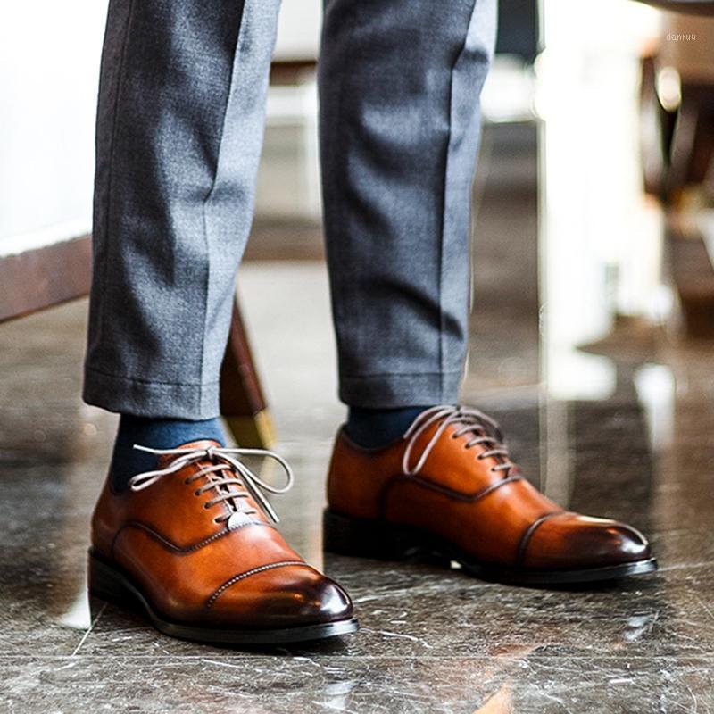 

Vintage Genuine Leather Men's Formal Dress Banquet Oxfords Pointed Toe Laces Cap Toe Handmade Wedding Party Man Shoes KUD3191, Man brown shoes