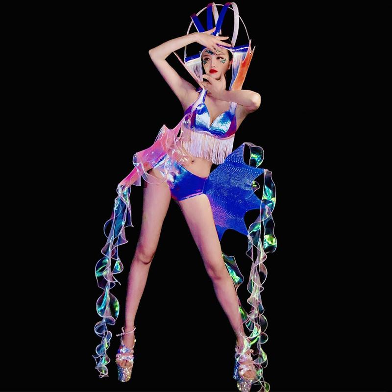 

New Party Show Sexy Stage Wear Bar Nightclub DJ Singer Dance Performance Costume Fringe Tassel Bikini Headdress Outfit DN6071-1, As picture
