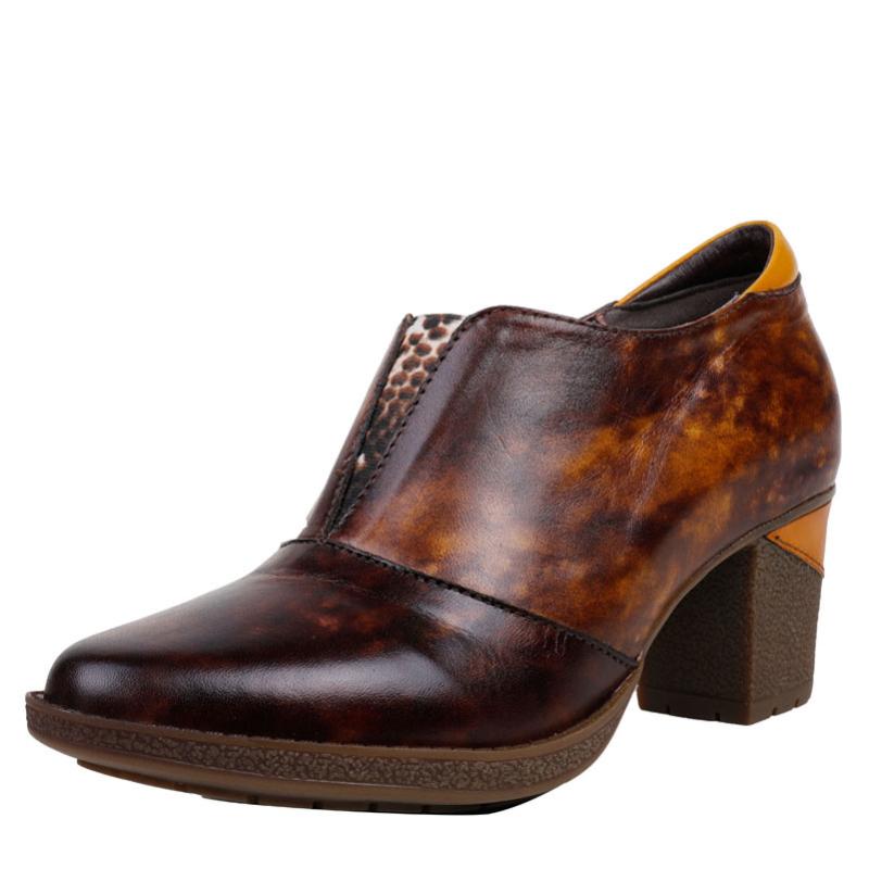 

YourSeason High Heels Women Genuine Leather Pumps 2020 New Spring Autumn Round Toe Female Retro Shallow Casual Handmade Shoes, Chocolate