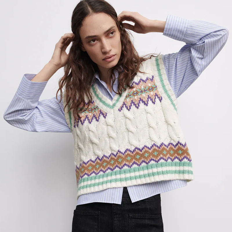 

New Women Autumn V-neck Sweater 2021 Cashmere Wavy Pattern Floral Knitted Vest Elastic Pullover Sleeveless Female Chic Top 8ijg, Picture
