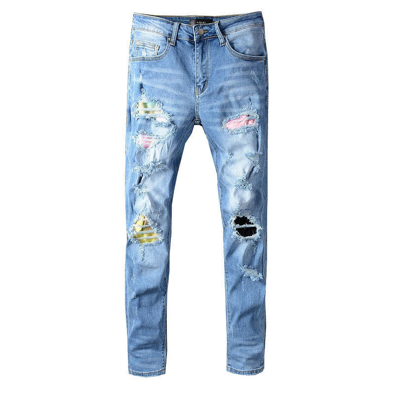 

High quality Mens jeans #654 Distressed Motorcycle biker jeans Slim Ripped hole stripe Famous Denim Men pants jeans, Blue