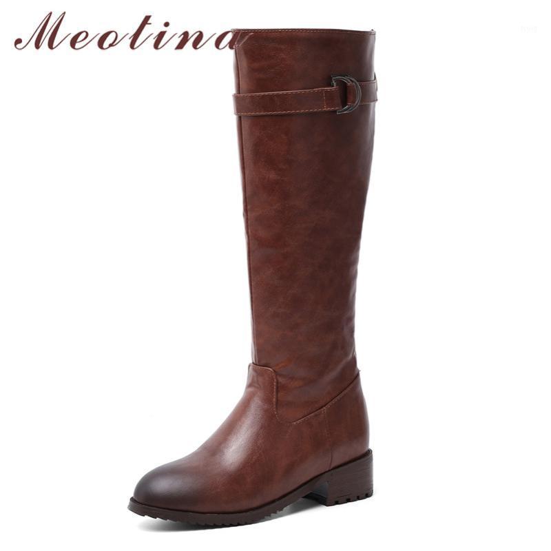 

Meotina Mid Heel Knee-High Boots Women Shoes Buckle Chunky Heels Riding Boots Zip Long Ladies Autumn Winter Black Brown 461