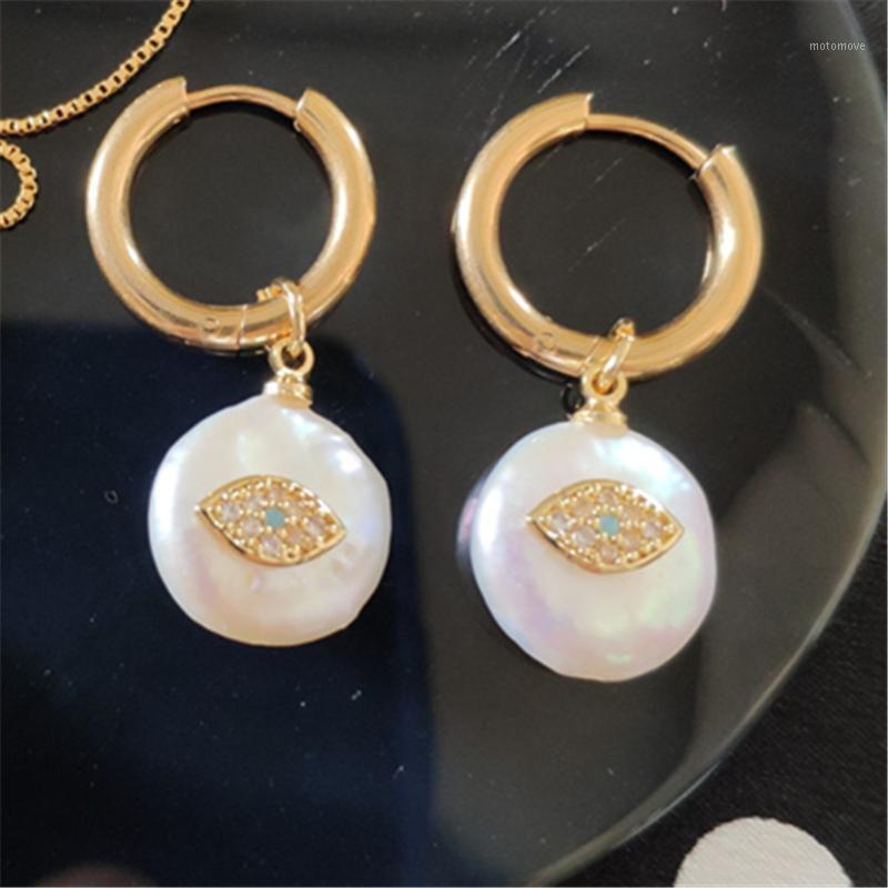 

gold mint CZ blue eye evil eye protection charm freshwater pearl bead pendant stainless steel hoop earring for women1