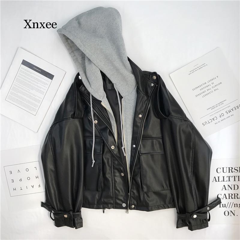 

Pu Leather Long Sleeved Stand Collar Slim Women' Jacket Street Fashion Korean Lace Up Motor Biker Coat with Hat Buttons Clothes, As pic