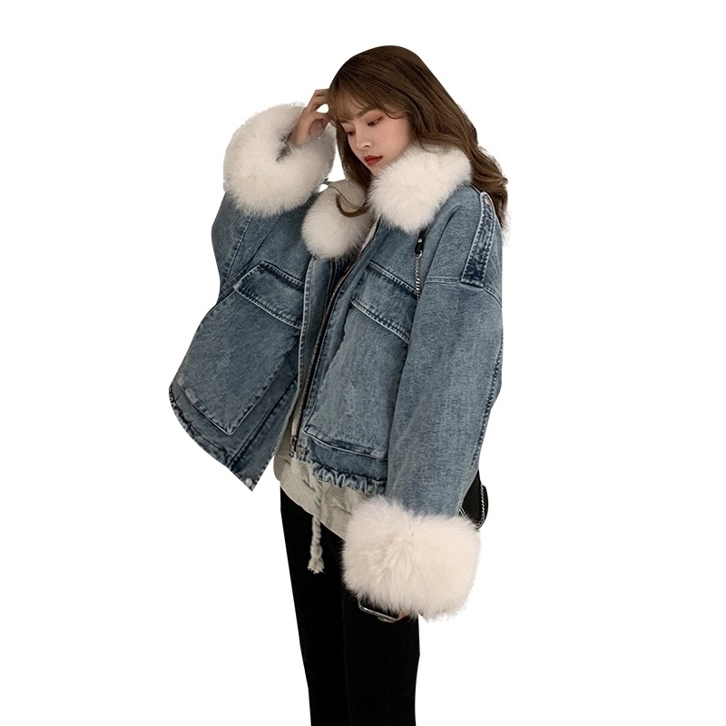 

Real Fox-skin 2021 Collar New Winter Velvet Denim Thick 90% White Down Woman's Jacket Short Parka Outwear L0UI, Blue 1