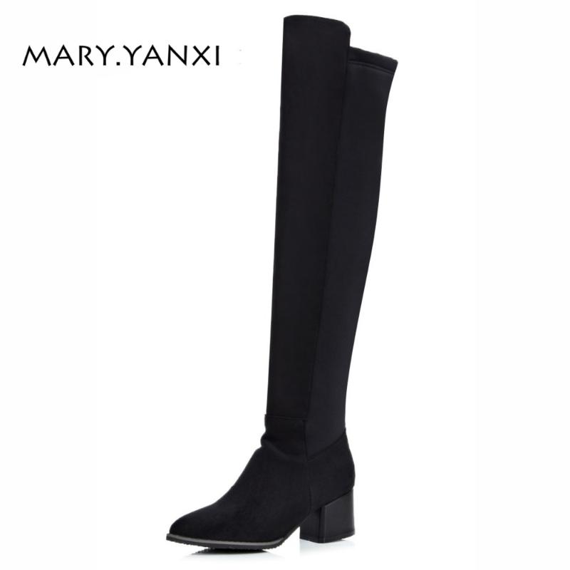 

Women Shoes Long Boots Big Size Over-the-Knee Boots Flock Slip-On Pointed Toe Square High Heel Solid Short Plush Nubuck Leather, Black