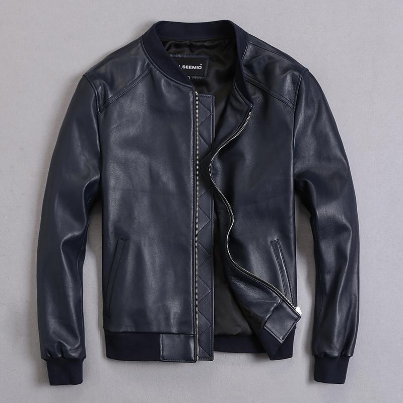 

Men' Leather Jacket Sheepskin Coat Bomber Genuine Leather Jacket Men Plus Size Short Jackets Veste Cuir Homme KJ2273, Blue