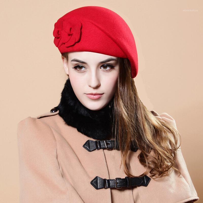 

Autumn Winter Women Imitation Woolen Beret Female Fashion Felt top hat Flowers decoration Party street Take a picture Must D171, Red