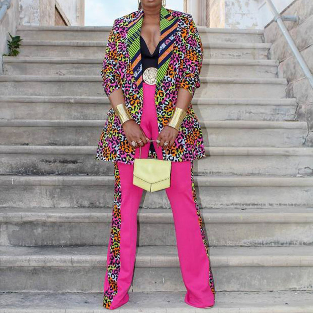 

2021 Leopard Print Female Sets Office Casual Suits Blazer Jacket Leg Wide Pants Two Plus Size Fashion Streetwear Spring Yi3d, Red.