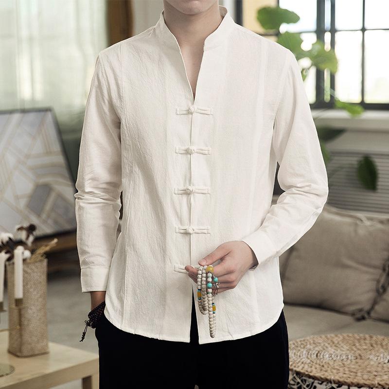

Autumn Men Shirts Full Sleeve Solid Color Single Breasted Casual Shirts Loose Cotton Linen Thin Tops, Black