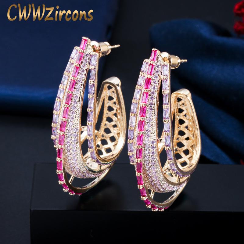 

CWWZircons Luxury Geometric Round Circle Purple Pink Cubic Zirconia Crystal Long Big Statement Hoop Earrings for Women CZ747