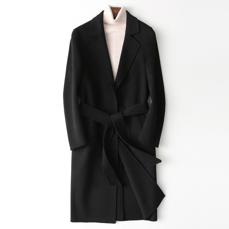 

Men's autumn and winter belt woolen overcoat long windbreaker handmade double faced Nizi coat cashmere coat1, Black