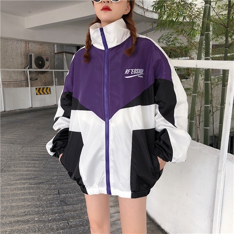 

Jackets Women Patchwork Color Loose Zippered Stand Collar Tracksuit Fashion Coats Hip Hop Female Streetwear Outwear 201112, Lavender