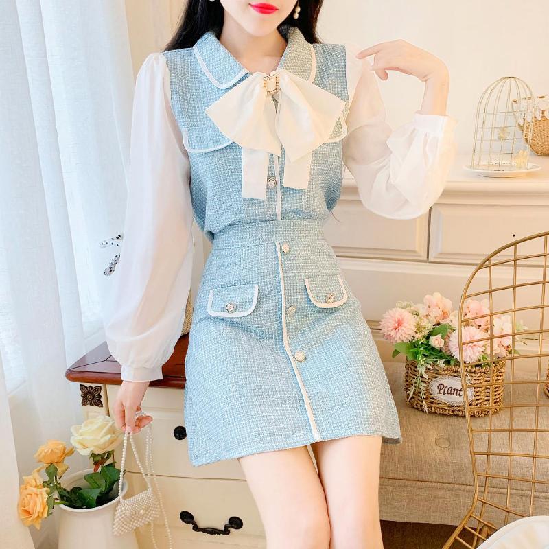 

Autumn Plaid 2 Piece Set For Women Chiffon Sleeve Splicing Plaid Diamonds Bow Crop Top & Mini A-Line Skirts Set W177, Blue
