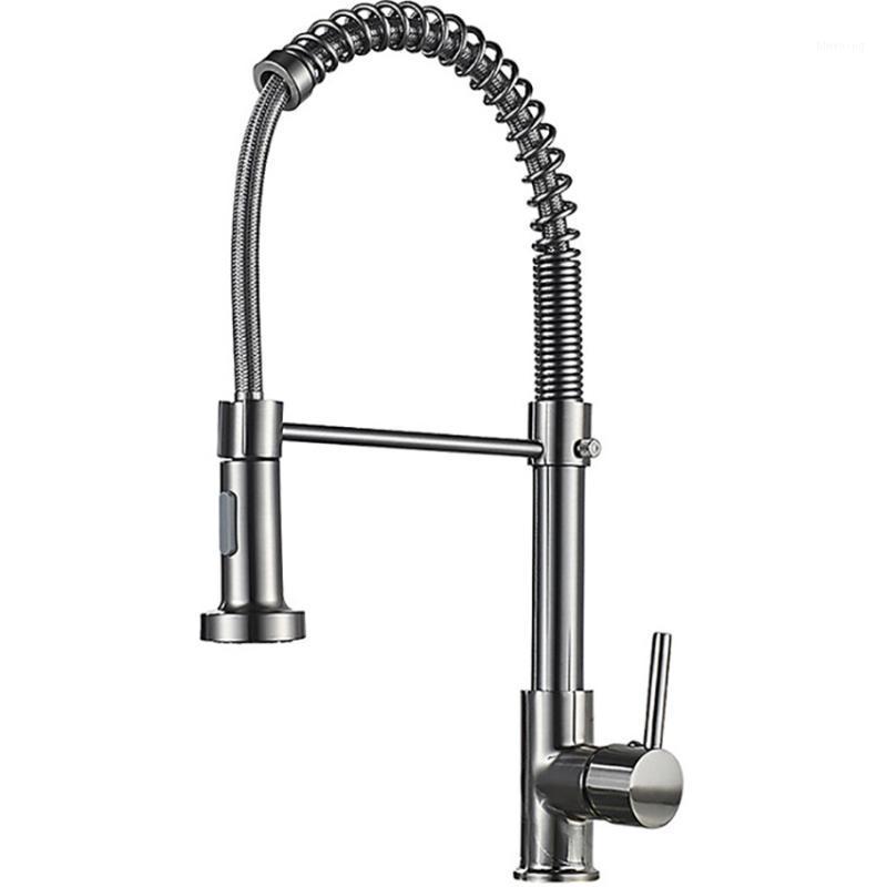 

Kitchen Faucets Commercial Solid Brass Single Handle Single Lever Pull Down Sprayer Spring Kitchen Sink Faucet, Silver, Black1