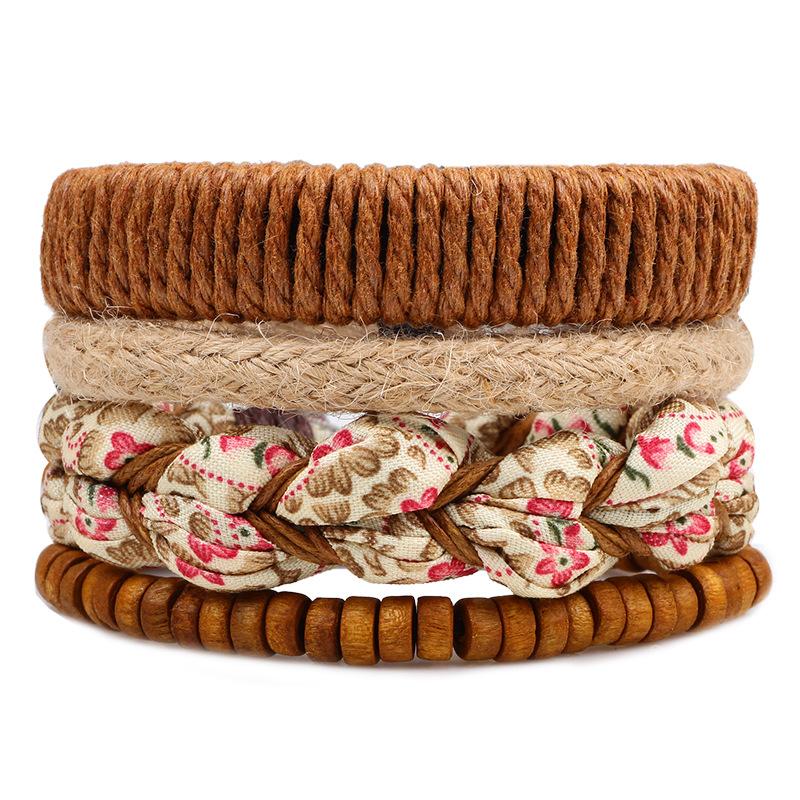 

4pcs/set Punk Brown Beige Cord Wrap Knots Leather Wooden Beads Gypsy Textile Fabric Layers Wide Bracelets Bangle women